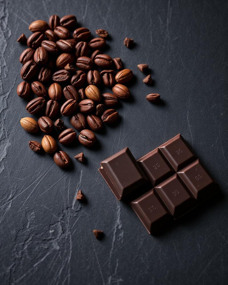 Cocoa beans and dark chocolate on slate