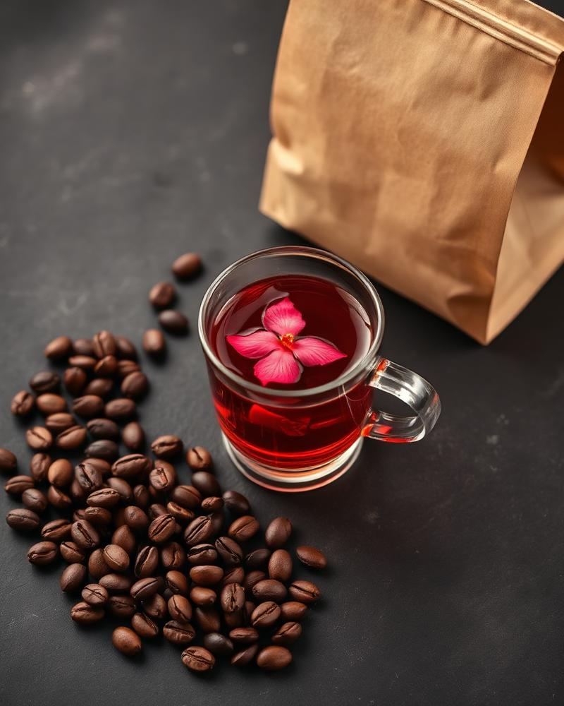 Roasted coffee beans and a glass of hibiscus infusion