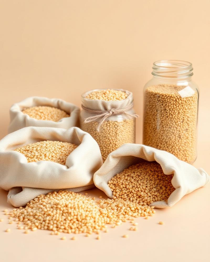 Sesame seeds and grains in linen sacks and glass jars