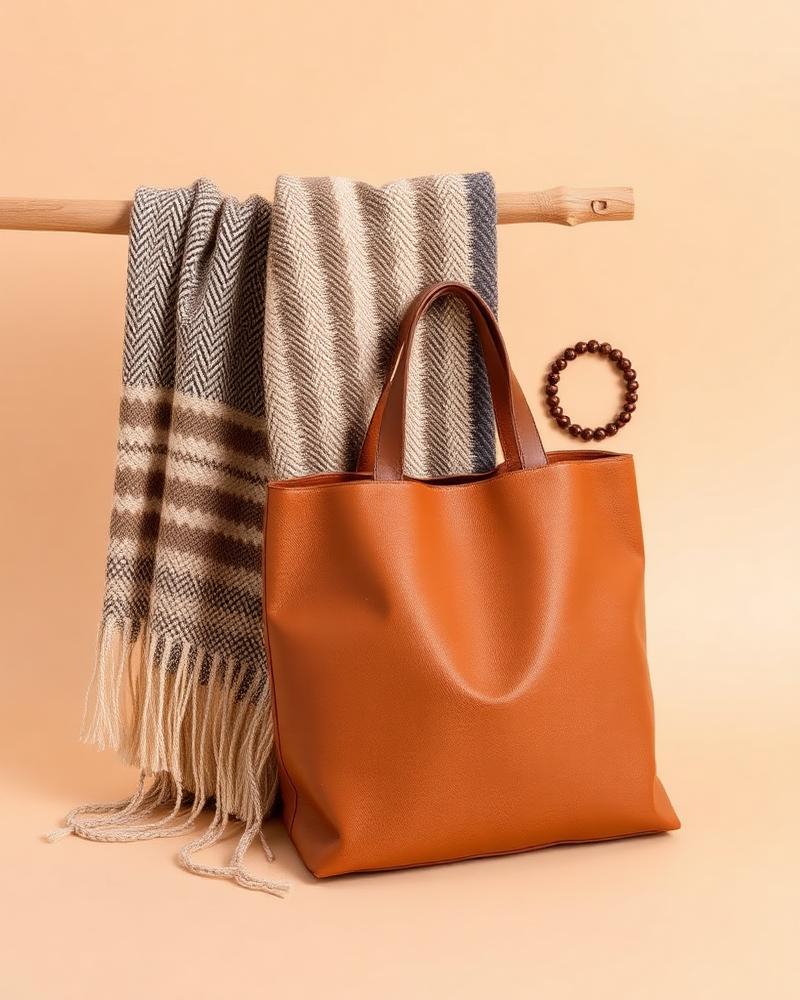 Handwoven textile, leather tote and minimal jewellery