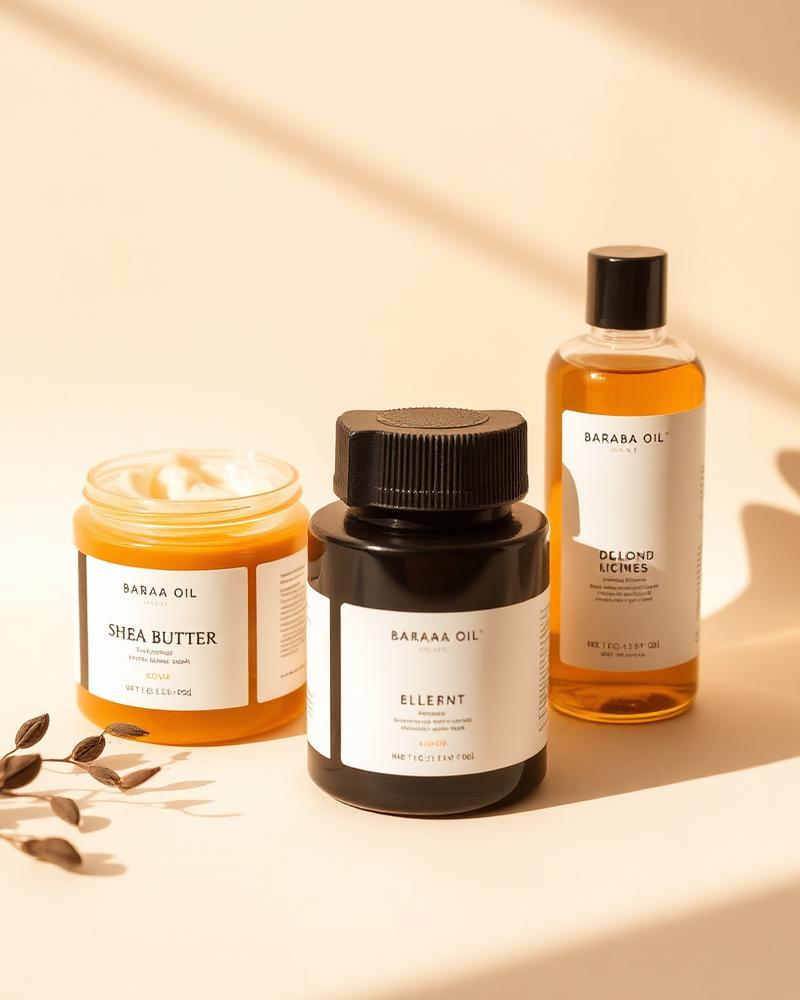 Shea butter, black soap and baobab oil in minimal packaging