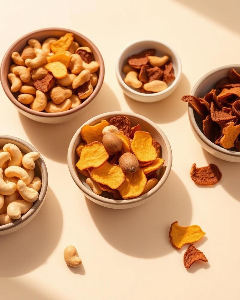 Cashews, dried mango and plantain chips in ceramic bowls
