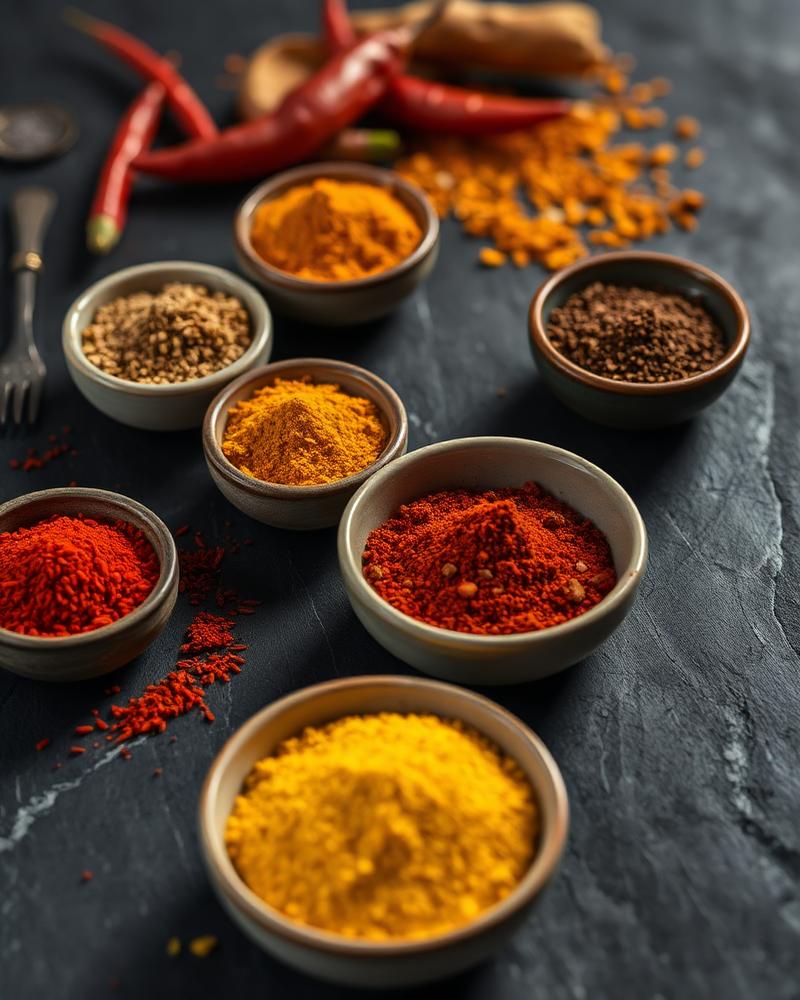 Bowls of ground African spices on a dark stone surface