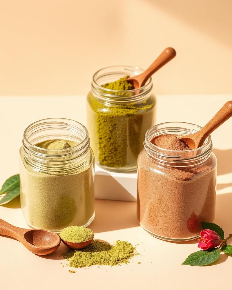 Baobab, moringa and hibiscus powders in glass jars