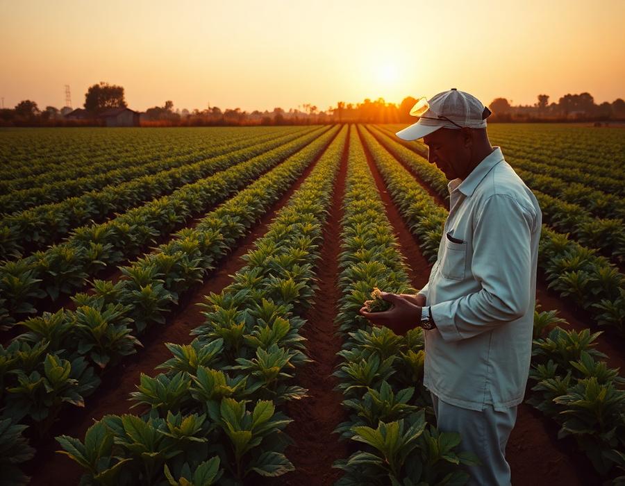 Farmer inspecting crops on a modern African farm at sunrise