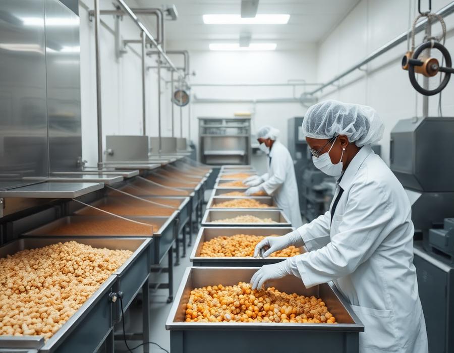 Workers processing dried produce in a clean facility