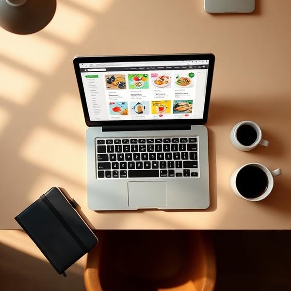 Laptop showing an online marketplace product grid