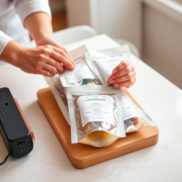 Hands sealing branded food pouches on a packaging table