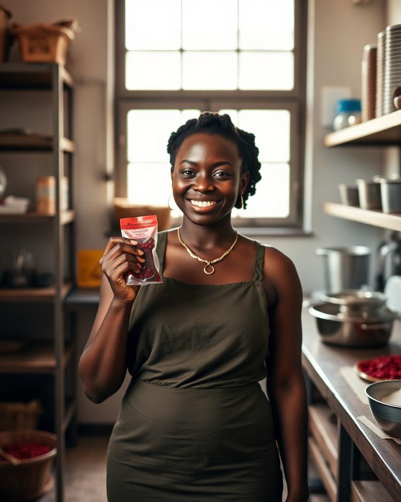 Amara Okonkwo holding a pouch of hibiscus powder in her production workshop