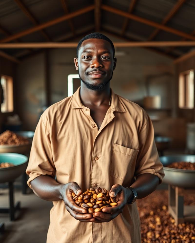 Kwame Mensah holding cocoa beans in his processing workshop