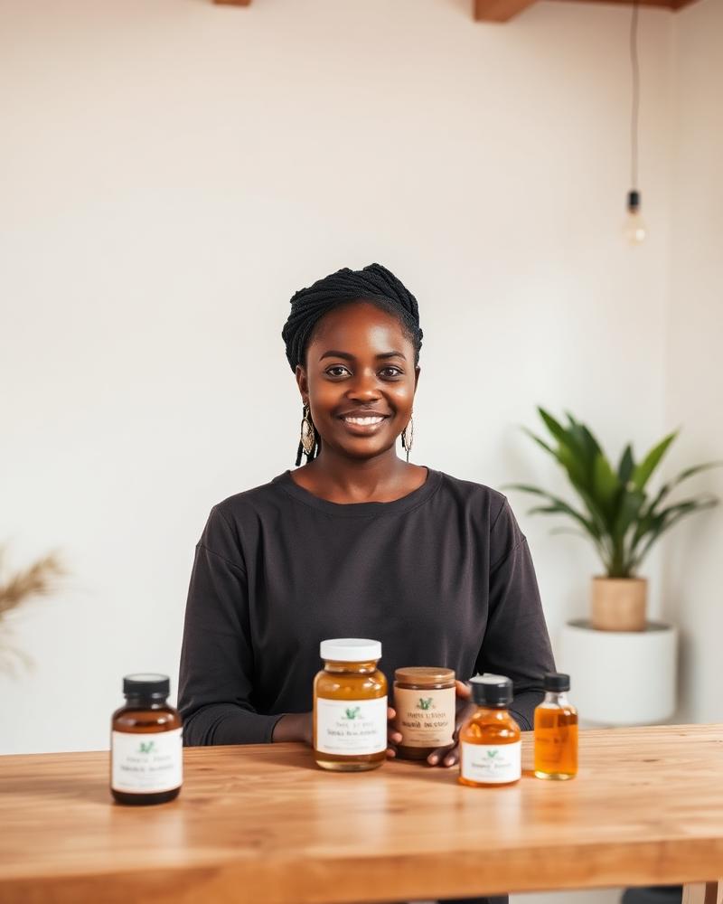 Naledi Achieng in her studio with jars of natural skincare products