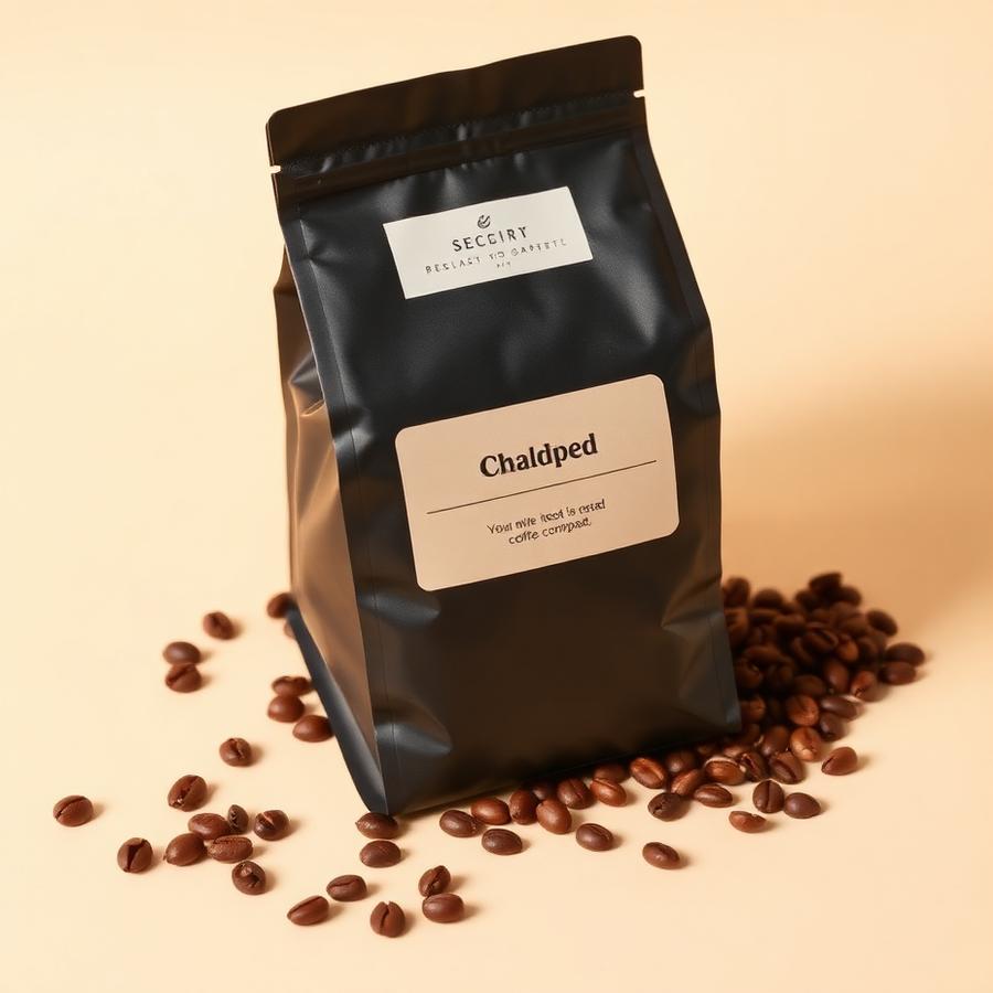 Matte charcoal coffee bag with roasted coffee beans
