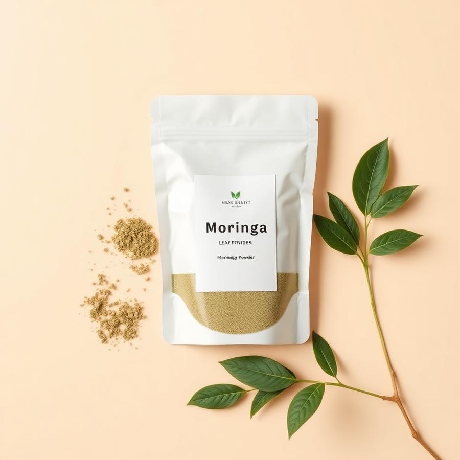 White pouch of green moringa leaf powder with fresh leaves