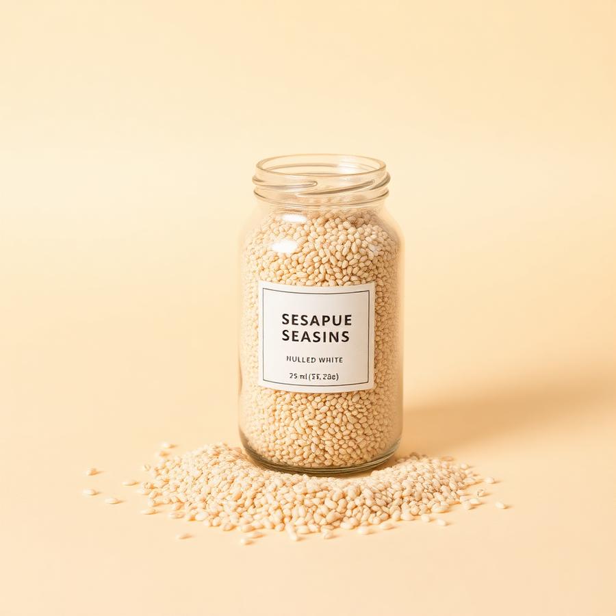 Glass jar of hulled white sesame seeds