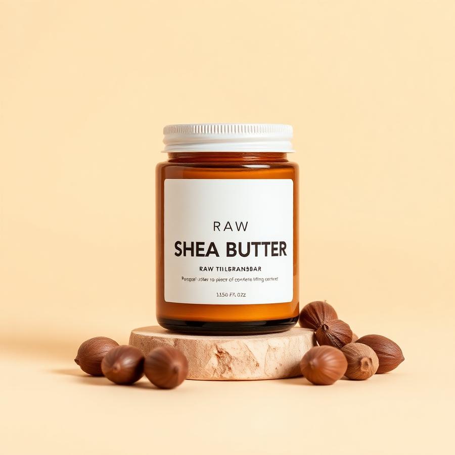 Amber glass jar of raw shea butter with shea nuts