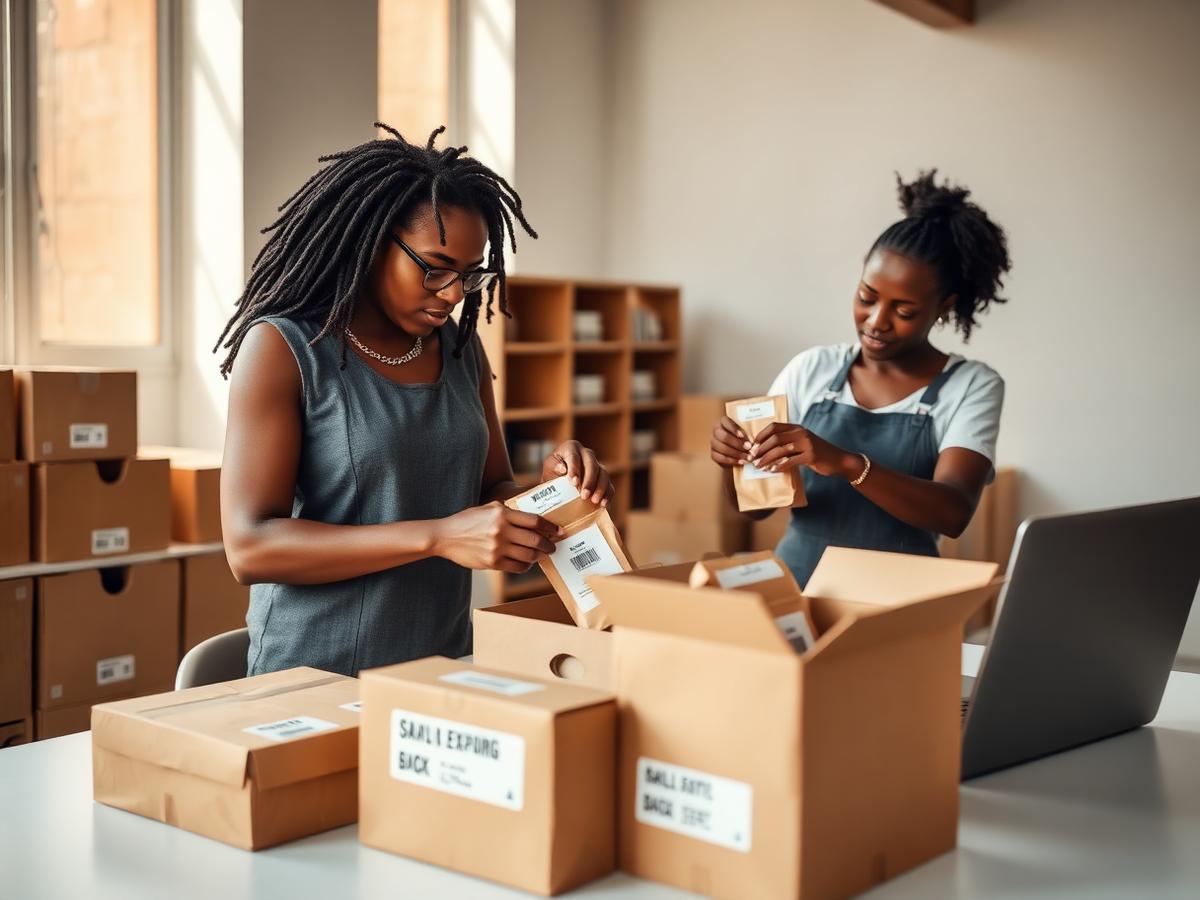 Two African business owners packing branded product pouches into export cartons