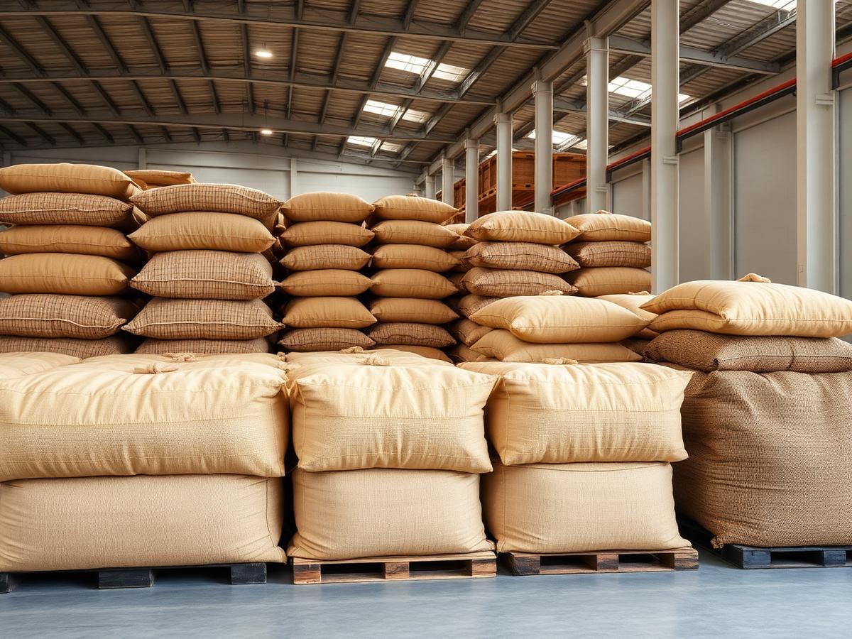 Stacked jute sacks of sesame seeds and cocoa beans in a modern warehouse